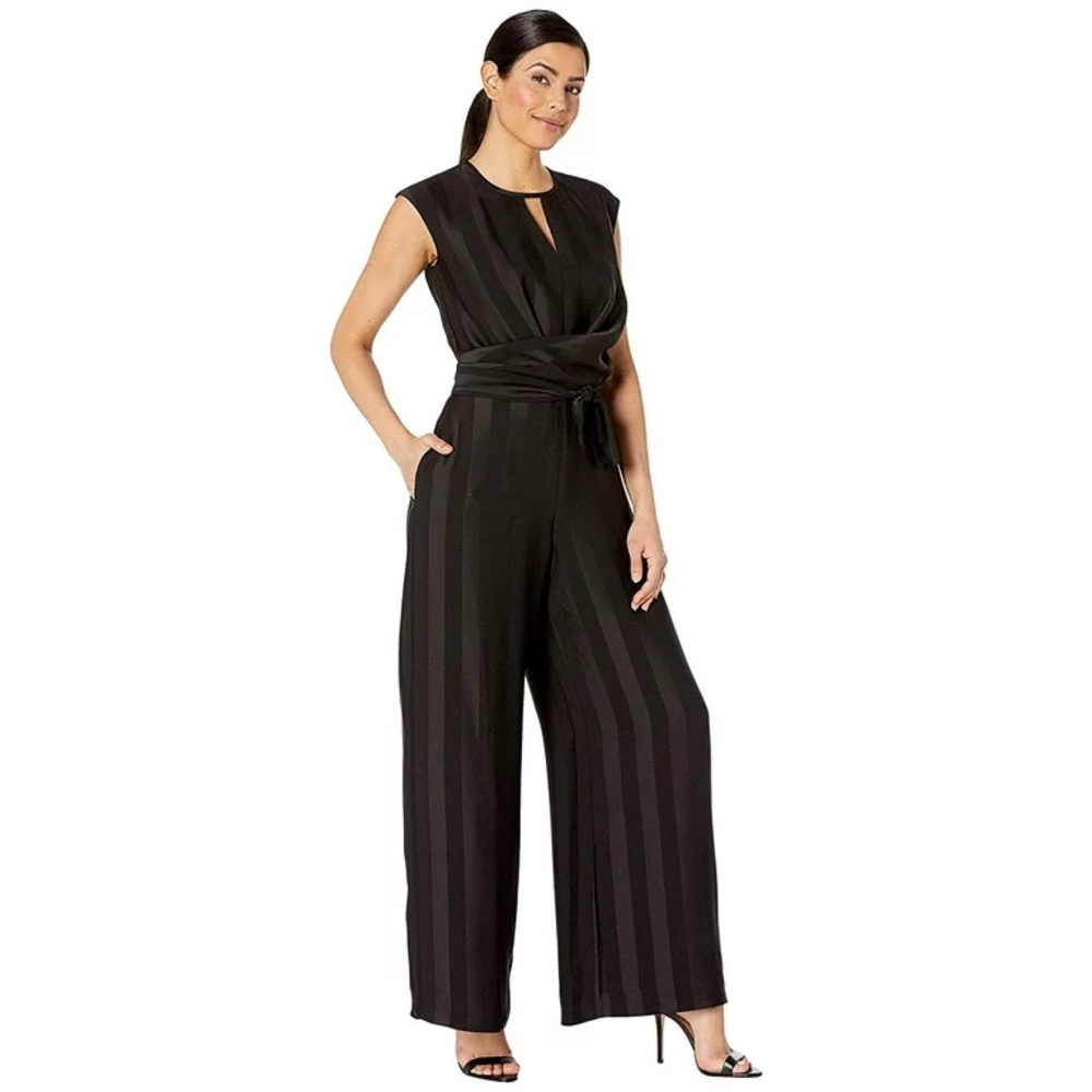 Maggy London Matte Shine Stripe Cocktail Jumpsuit Black